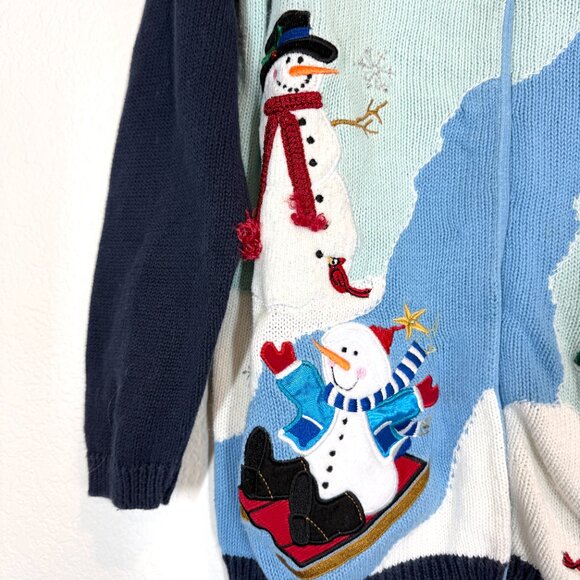 Vintage Quacker Factory Christmas Holiday Sweater Blue Embroidered Patches Large - Picture 9 of 13